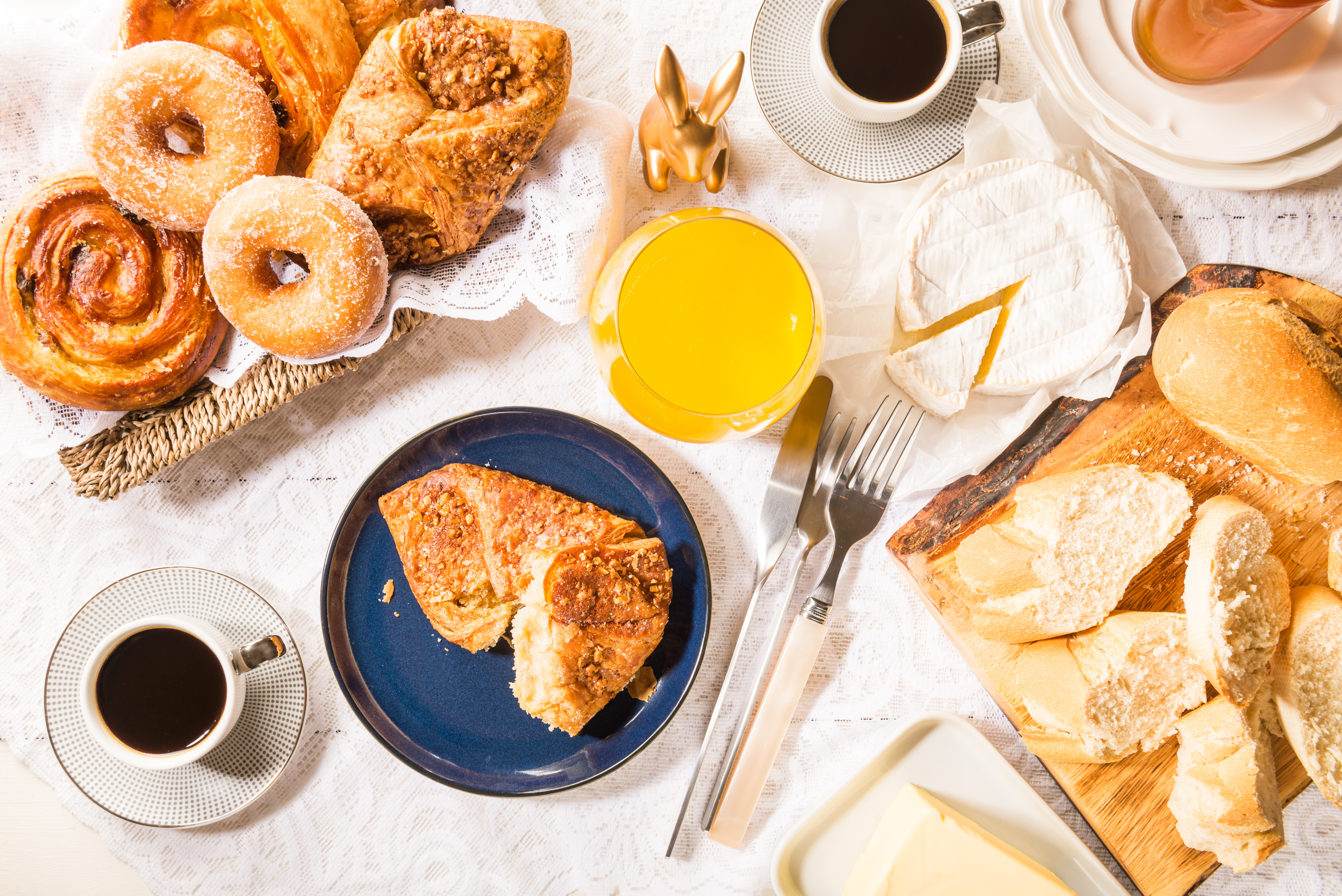 Breakfast with French Pastries, Bread, Cheese and Coffee